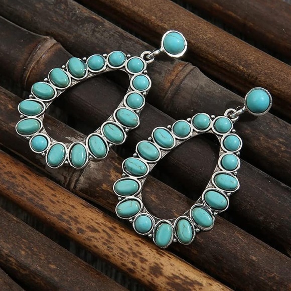 Turquoise Stone Oval Drop Earrings - Picture 5 of 8